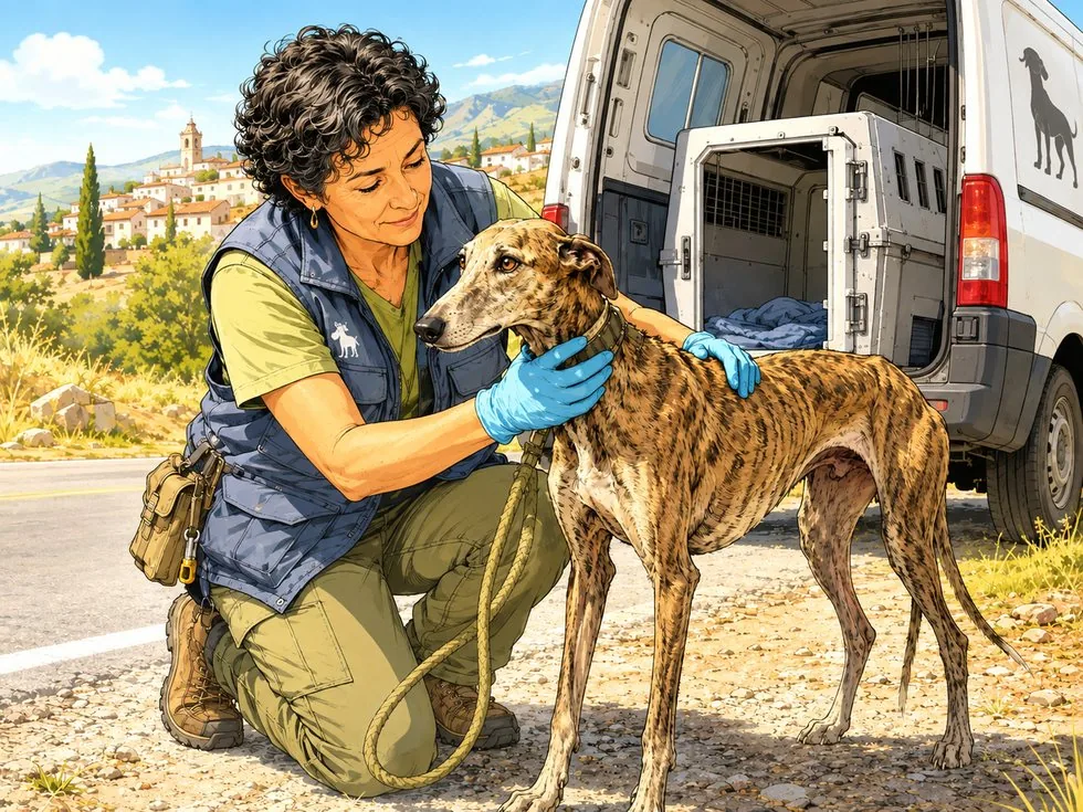 Comicbild: Eine spanische Tierschutzhelferin sichert einen geretteten Galgo an einem hellen Landweg.